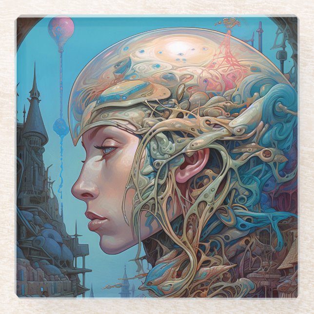 Posavasos De Vidrio Artes de ciencia ficción geomecánicas Surreal Head (Anverso)