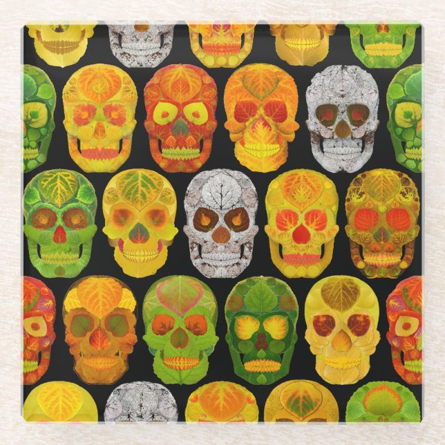 Posavasos De Vidrio Aspen Leaf Skulls sin fisuras patrón 2018 (Anverso)