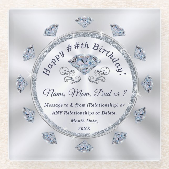 Posavasos De Vidrio Astras de cumpleaños personalizadas, diamantes ele (Anverso)