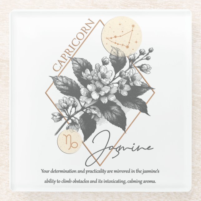 Posavasos De Vidrio Astrología/Capricornio Rótulo Zodiaco Flor Jazmín (Anverso)