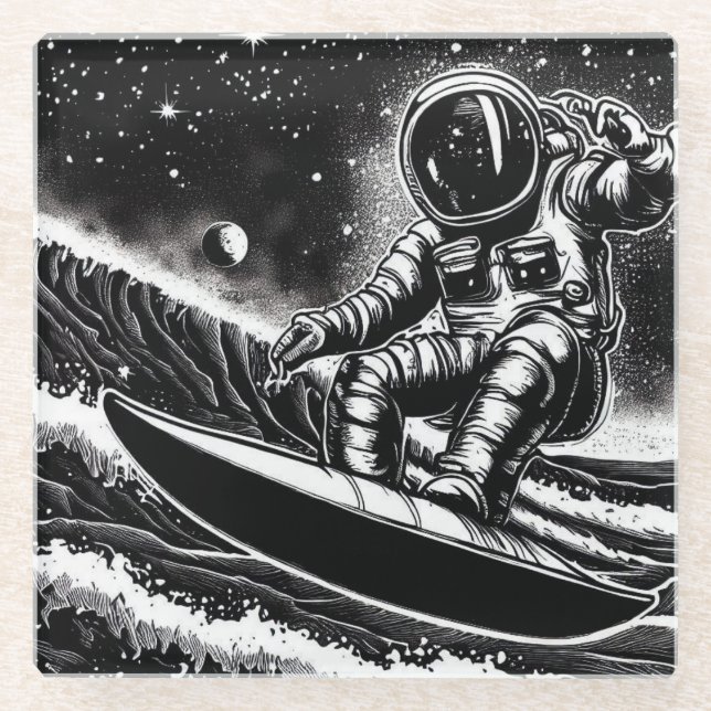 POSAVASOS DE VIDRIO ASTRONAUT BLACK AND WHITE, SURF THE UNIVERSE (Anverso)
