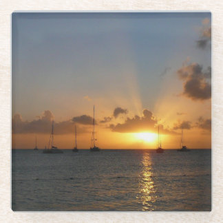 Posavasos De Vidrio Atardecer con veleros paisaje tropical foto