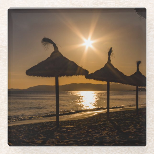 Posavasos De Vidrio Atardecer en la playa, Mallorca, España (Anverso)