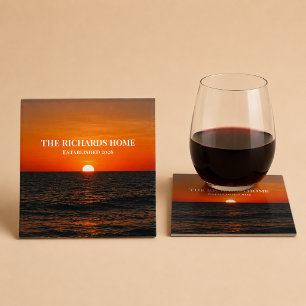 Posavasos De Vidrio Atardecer Océano Nombre Personalizado