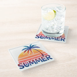 Posavasos De Vidrio Atardecer retro de verano con palmera