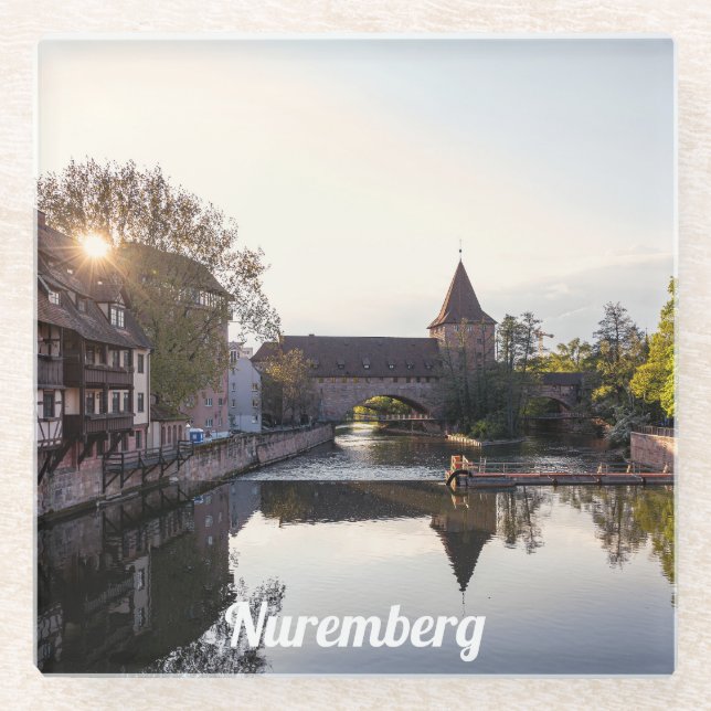 Posavasos De Vidrio Atardecer sobre el viejo puente medieval en Nuremb (Anverso)