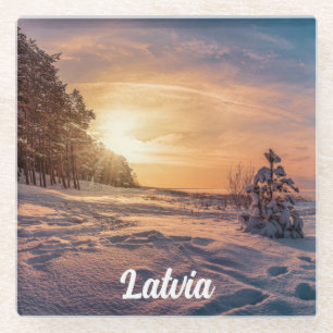 Posavasos De Vidrio Atardecer sobre la nevada costa del mar de inviern