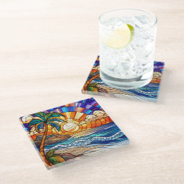 Posavasos De Vidrio Atardecer tropical en arte de cristal manchado en