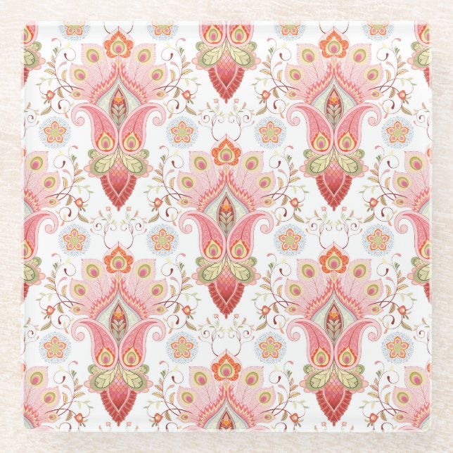Posavasos De Vidrio Atractivo Oriental: Damask Pavón Paisley (Anverso)