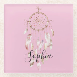 Posavasos De Vidrio Atrapasueños Plumas Rosas
