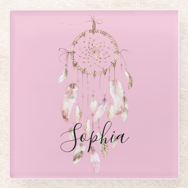 Posavasos De Vidrio Atrapasueños Plumas Rosas (Anverso)