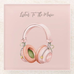 Posavasos De Vidrio Auriculares rosados escucha la música