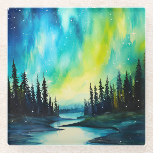 Posavasos De Vidrio Aurora borealis luces del norte acuarela