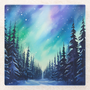 Posavasos De Vidrio Aurora borealis luces del norte acuarela
