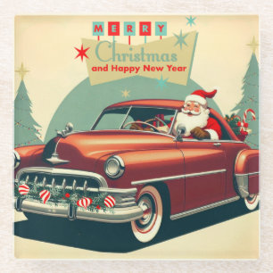 Posavasos De Vidrio Auto rojo vintage y Santa