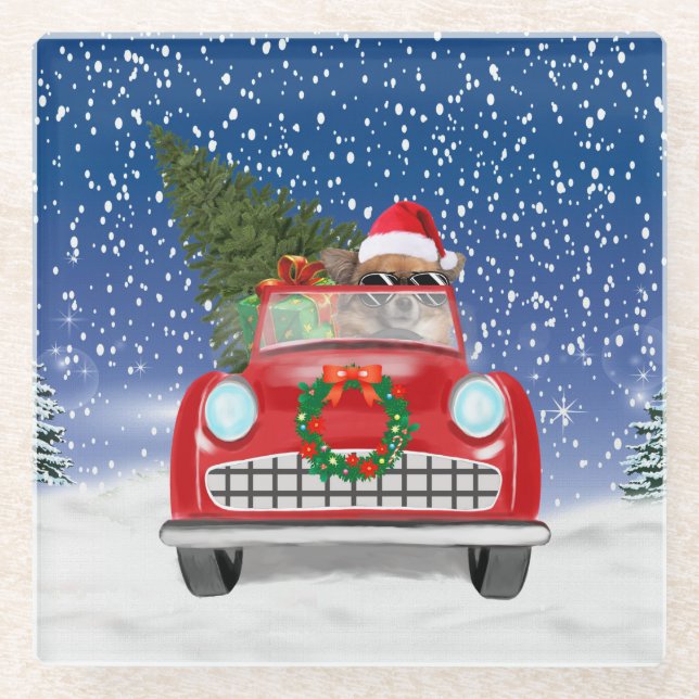 Posavasos De Vidrio Autobús De Perro Chihuahua En Navidades De Nieve (Anverso)