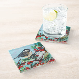 Posavasos De Vidrio Ave De Chickadee De Invierno Con Berries