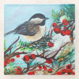 Posavasos De Vidrio Ave De Chickadee De Invierno Con Berries