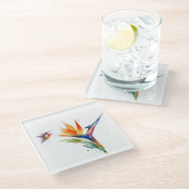 Posavasos De Vidrio Ave del paraíso y colibrí en acuarela