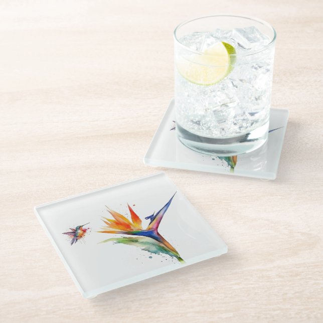 Posavasos De Vidrio Ave del paraíso y colibrí en acuarela (Angular)