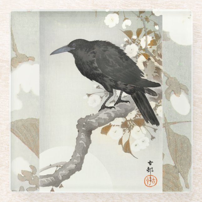 Posavasos De Vidrio Ave japonesa Crow Raven Koson (Anverso)