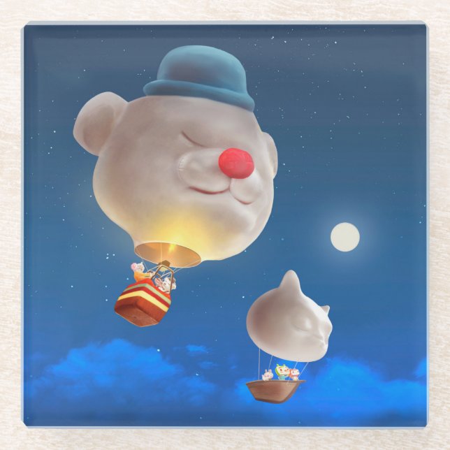 Posavasos De Vidrio Aventura con globo de cielo nocturno (Anverso)