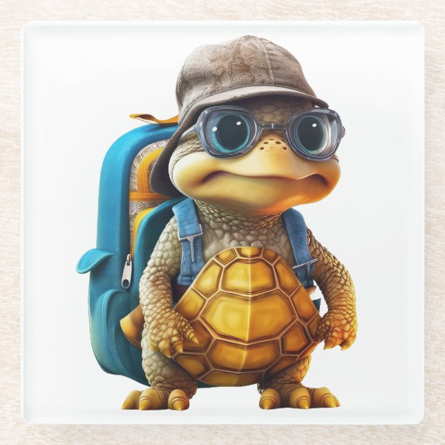 Posavasos De Vidrio Aventurous Cute Turtle con mochila, (Anverso)
