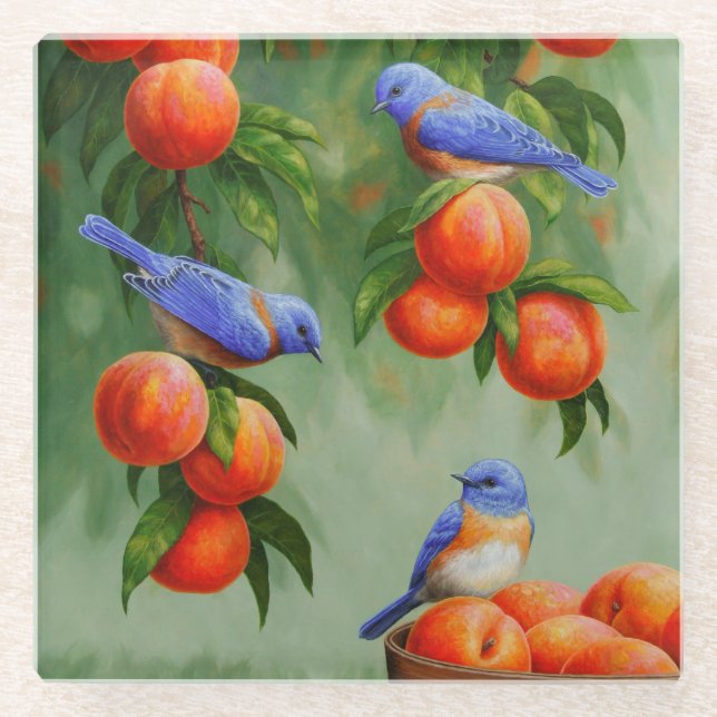 Posavasos De Vidrio Aves azules y árboles de galletas (Anverso)