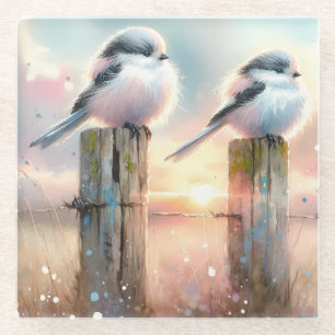 Posavasos De Vidrio Aves de acuarela pastel en un poste de cerca al at