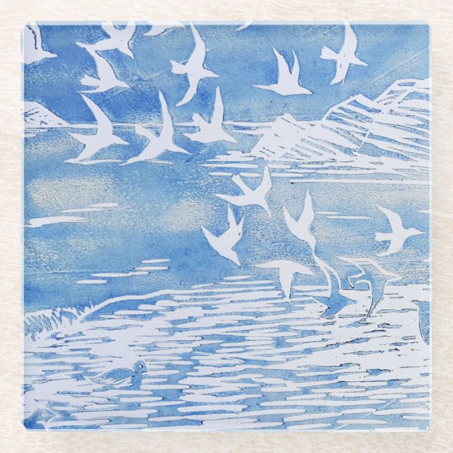 Posavasos De Vidrio Aves de la Costa Azul Arte de acuarela moderna (Anverso)