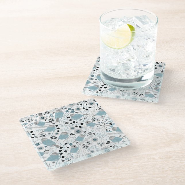 Posavasos De Vidrio Aves de pollo con flores azules grises (Angular)