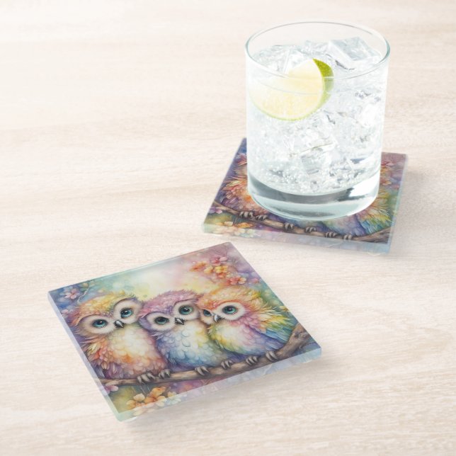 Posavasos De Vidrio Aves del Arcoiris Lechuzas 1 (Angular)