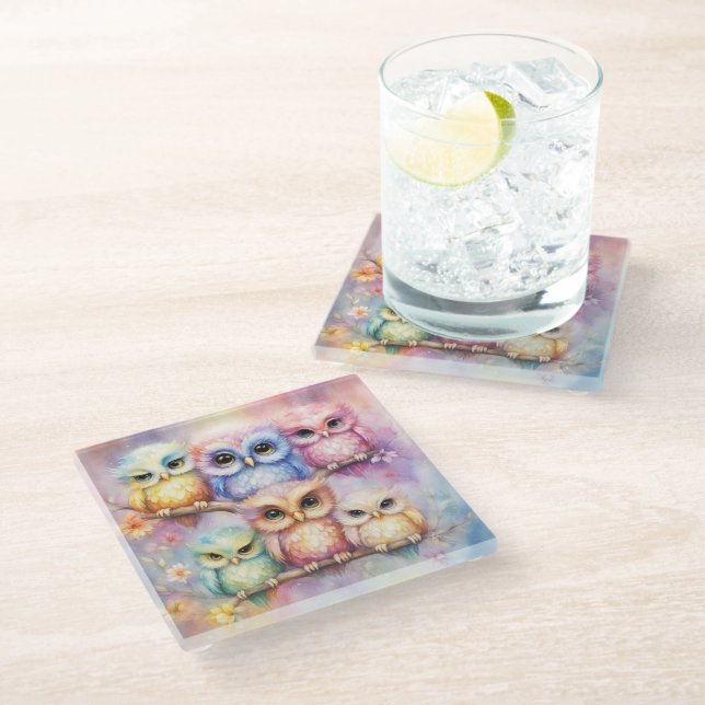 Posavasos De Vidrio Aves del Arcoiris Lechuzas 3 (Angular)