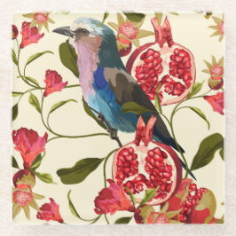 Posavasos De Vidrio Aves exóticas, flores, granadas, tropicales.