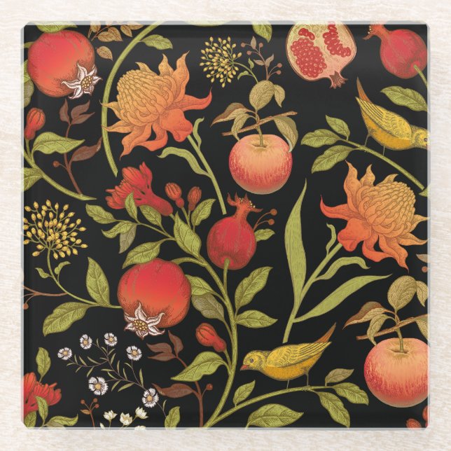 Posavasos De Vidrio Aves exóticas Flores Ilustracion de época (Anverso)