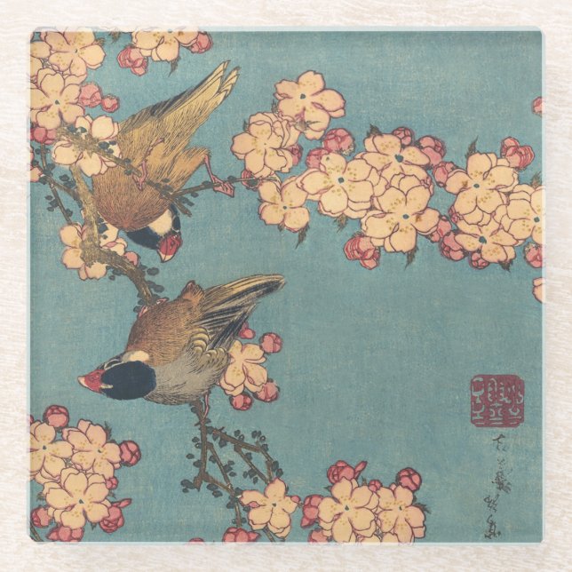 Posavasos De Vidrio Aves flores Hokusai Arte Japonés (Anverso)