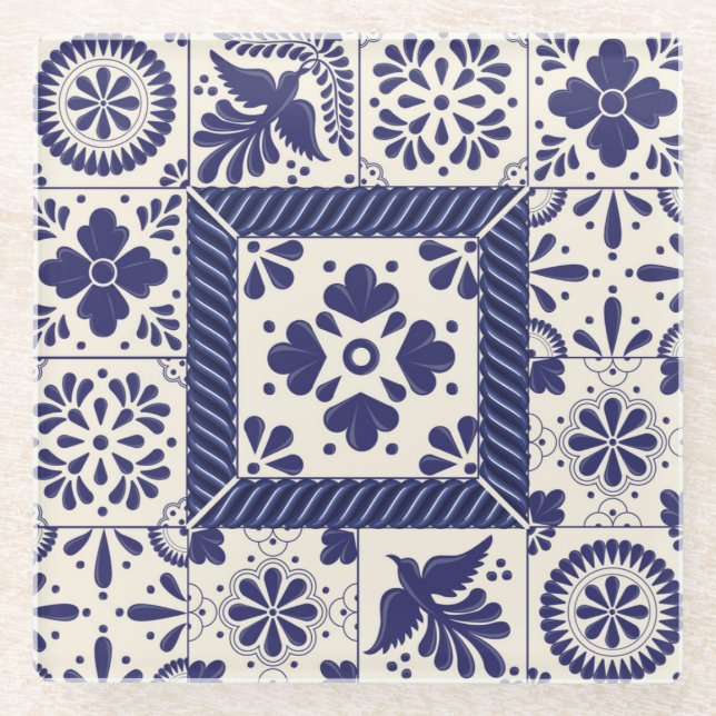 Posavasos De Vidrio Aves Tradicionales Mexicanas Nile Blue Talavera (Anverso)