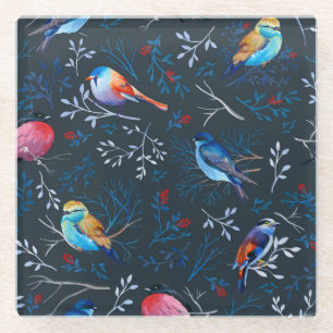 Posavasos De Vidrio Aves Vibrantes: Elegancia Oscura en Gouache