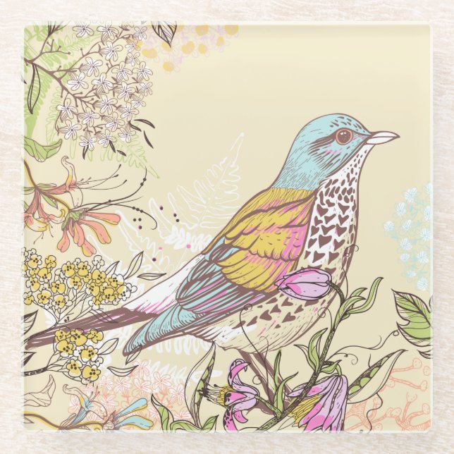 Posavasos De Vidrio Aves y flores (Anverso)