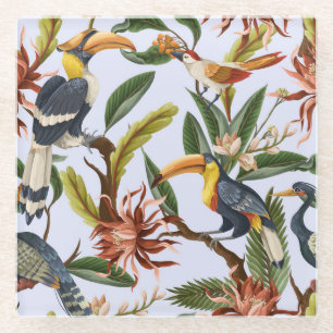 Posavasos De Vidrio Aves y Flores: Patrón Vintage tropical.