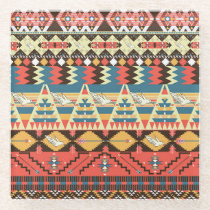 Posavasos De Vidrio Azteca colorida: pájaros, patrón de flores.