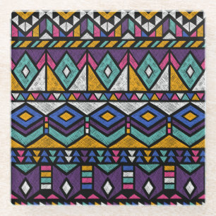 Posavasos De Vidrio Azteca geométrica tribal: patrón de venado colorid