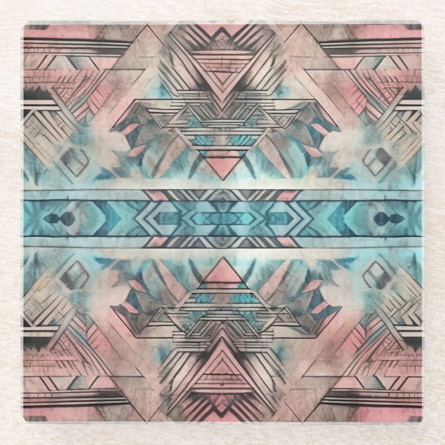 Posavasos De Vidrio Azteca Pastel Sudoeste Rosa Y Azul (Anverso)
