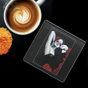Posavasos De Vidrio Azúcar Skull Roses Rojas Negro
