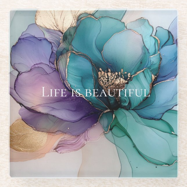 Posavasos De Vidrio Azul Acuático Púrpura Dorado Floral  (Anverso)