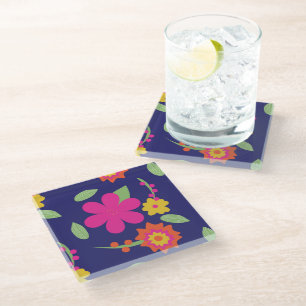 Posavasos de vidrio azul amarillo rosa con flores