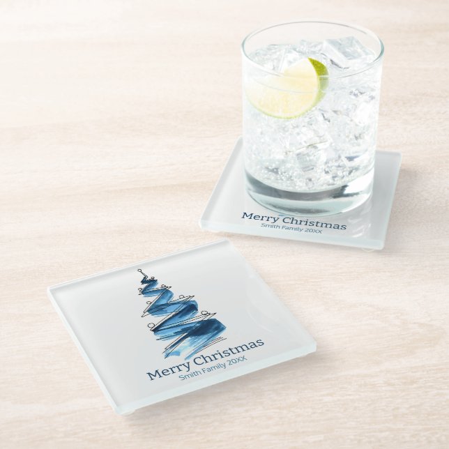 Posavasos De Vidrio Azul Árbol de Navidad (Angular)