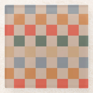 Posavasos De Vidrio Azul Beige Naranja Marrón Cuadros Gingham Patrón