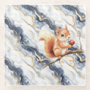 Posavasos De Vidrio Azul Blanco Oro Abstracto Ardilla Manzana