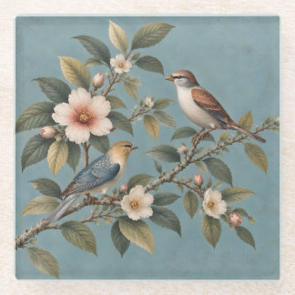 Posavasos de vidrio azul Flores y pájaros vintage